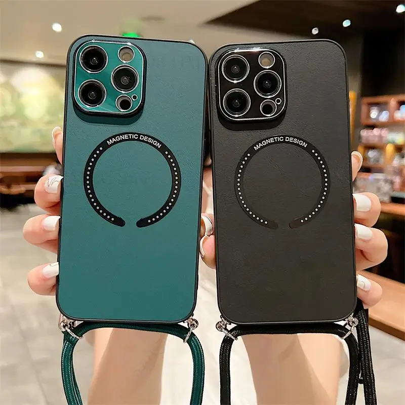 

Кожаный чехол для iPhone 14 Pro Max, с ремешком через плечо, Магнитный чехол для телефона Apple 13, 12 Pro Max, 14 Plus, защитный чехол Magsafe