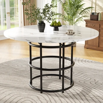 Tavolo da pranzo rotondo (100×100×76 cm), tavolo da cucina, Gambe da tavolo in metallo, Gambe da tavolo ad anello, Piano tavolo in MDF marmorizzato con gambe nere 1
