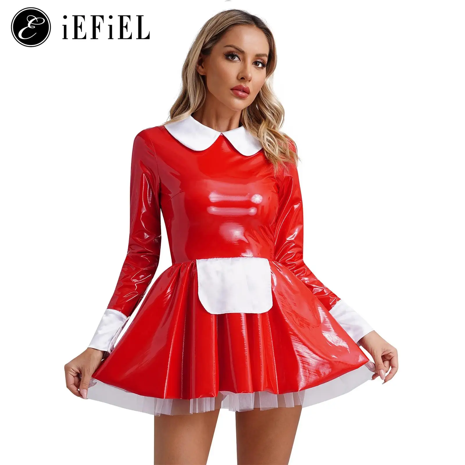 

Womens Shiny PVC Leather French Maid Costume Long Sleeve Apron Maidservant Dress Halloween Cosplay Party Fancy Dress Up