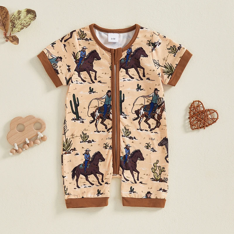 2024-12-03 Lioraitiin Newborn Baby Boy Western Romper Short Sleeve Round Neck Horse Print Jumpsuit Playsuit 5