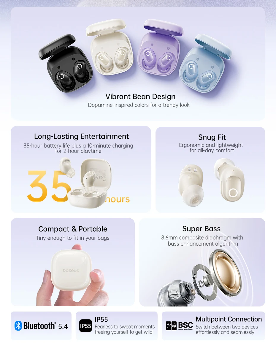 Bass BD1 Wireless Earphones Bluetooth 5.4 Earbuds Sports Earbuds HIFI Sound Head