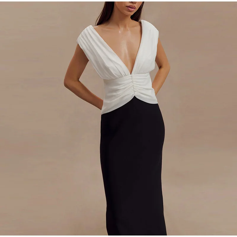 Elegant Deep V-neck Patchwork Long Dress Women Vintage Pleated Sleeveless Slim Fit Dresses Female Spring Chic Street Office