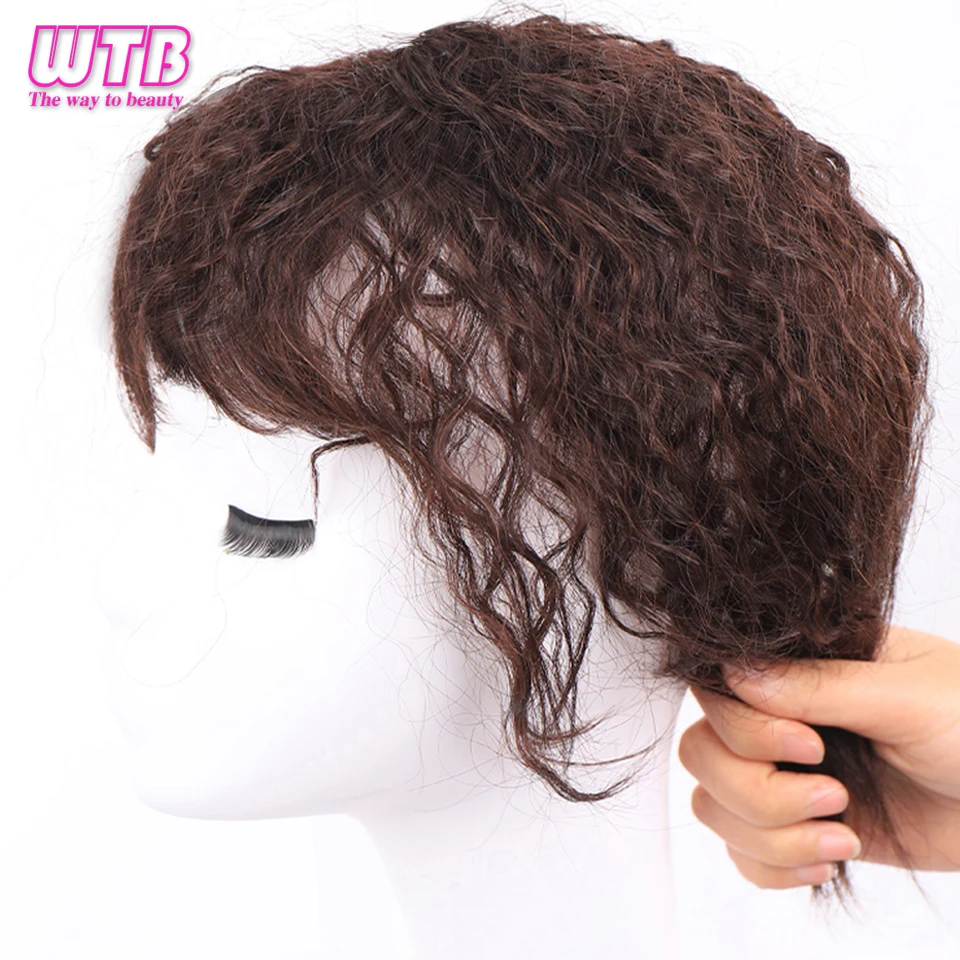 WTB Synthetic Curly Hair Bangs Top Of Head Replacement Invisible Hair Extension with Bangs Cover the White Hairpiece