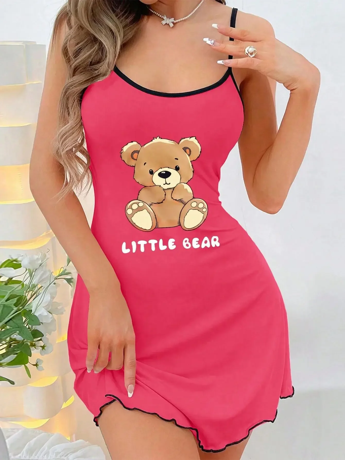Summer Suspenders Mini Dress Women Sleepwear Comfortable Home Leisure Sexy Nightgowns Littler Bear Printed Nightdress
