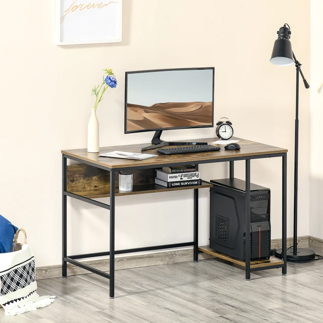 HOMCOM Industrial Writing Desk with L-Shaped Full Length Shelf