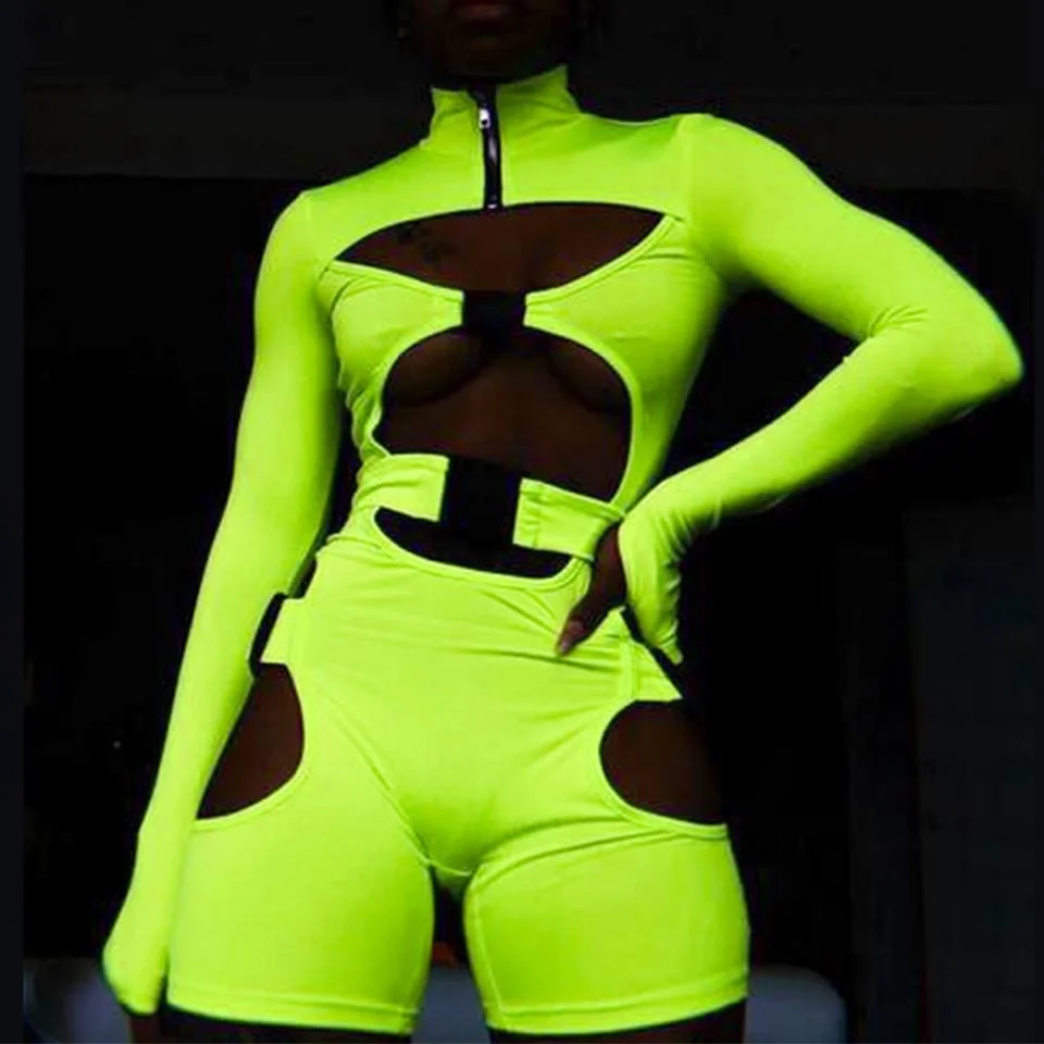 

Zabrina Neon Sexy Romper For Women Party Club Night Spicy Girl Cut-Out Long Sleeve Button Round Neck Romper Club Wear Party