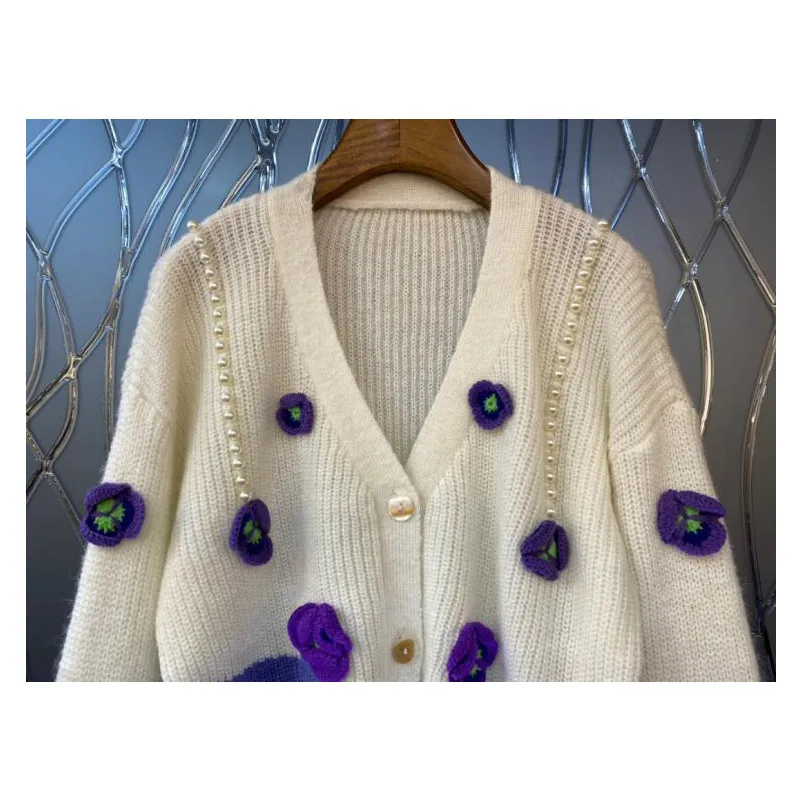 Women Lazy Oaf Cropped Sweater Cardigan 2022 Cute Purple Floral Appliques Pearls Beaded Cardigans Crop Top Knitted Sweaters Coat