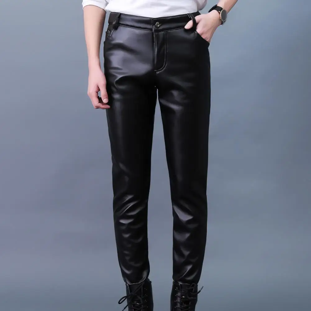 Black High-waisted Leather Pants Men's Fashion Rock Style Slim Fit Pants Soft Breathable Mid Waist Trousers for Motocycle 2