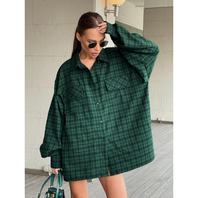 Women's American Retro Plaid Shirt Green Boyfriend Style Mid-Length Loose Oversize Shirt Yy18