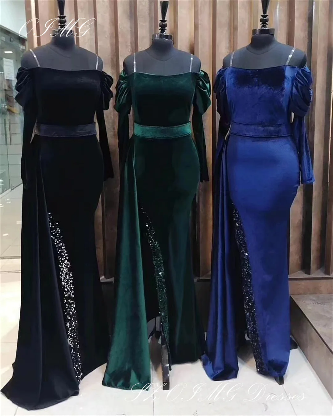 

OIMG Strapless Sequined Prom Dresses Saudi Arabic Women High Side Slit Velvet Sequined Evening Gowns Occasion Formal Party Dress