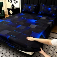 3pcs Cool Technology Digital Printing Material Plaid Fitted Sheet(1pc Bed Sheet+2pcs Pillowcase No Filling) Deep Pocket In 15 In