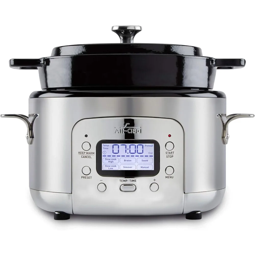 7-in-1 Electric Slow Cooker with Stainless Steel and Cast Iron, 1200W-Black Enamel Crock