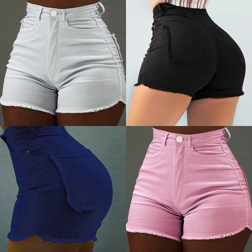 

Summer New Solid Color Slim Pocket Shorts Women Fashion Raw Edge Pants Female & Lady