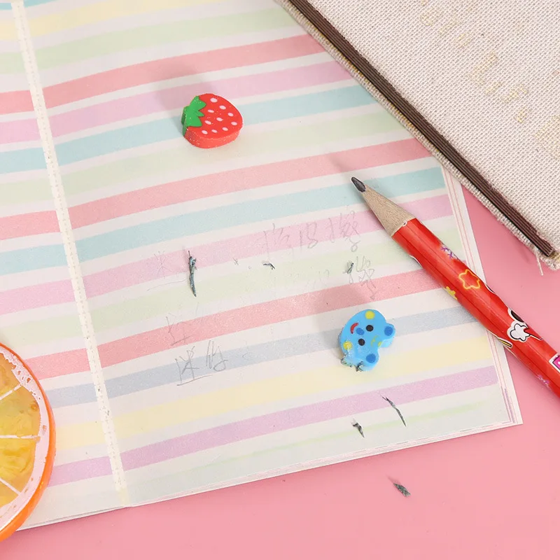 30Pcs Cute Cartoon Pencil Erasers Fruit Animal Shape Rubber Kids School Correction Supplies Student Gift Mini Eraser
