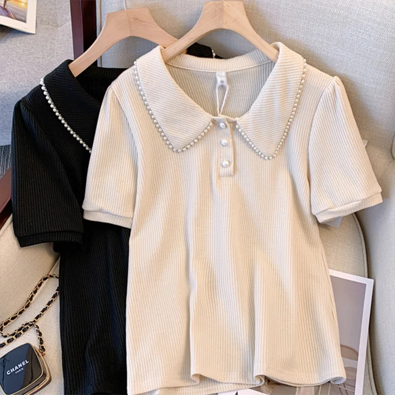 Large Size Doll Collar Nail Bead Short Sleeves T-shirt Summer New Casual Loose Slimming Versatile Tops Fashion Clothes for Women