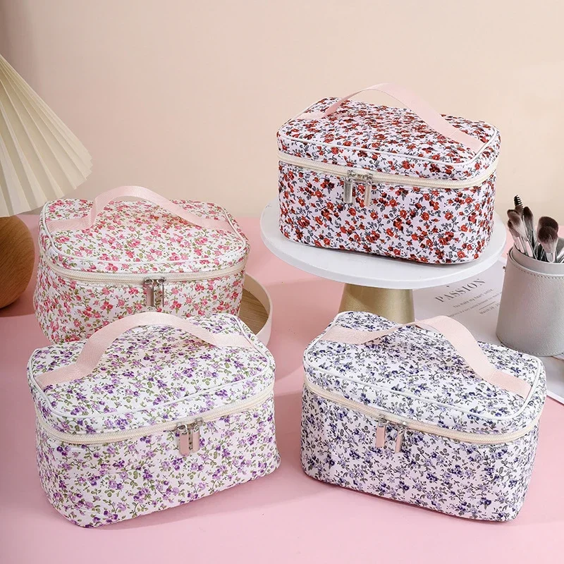 Women Cotton Makeup Bags Vintage Cosmetic Case Flower Large Capacity Tote Portable Cosmetic Storage Handbag Travel Organizer Bag