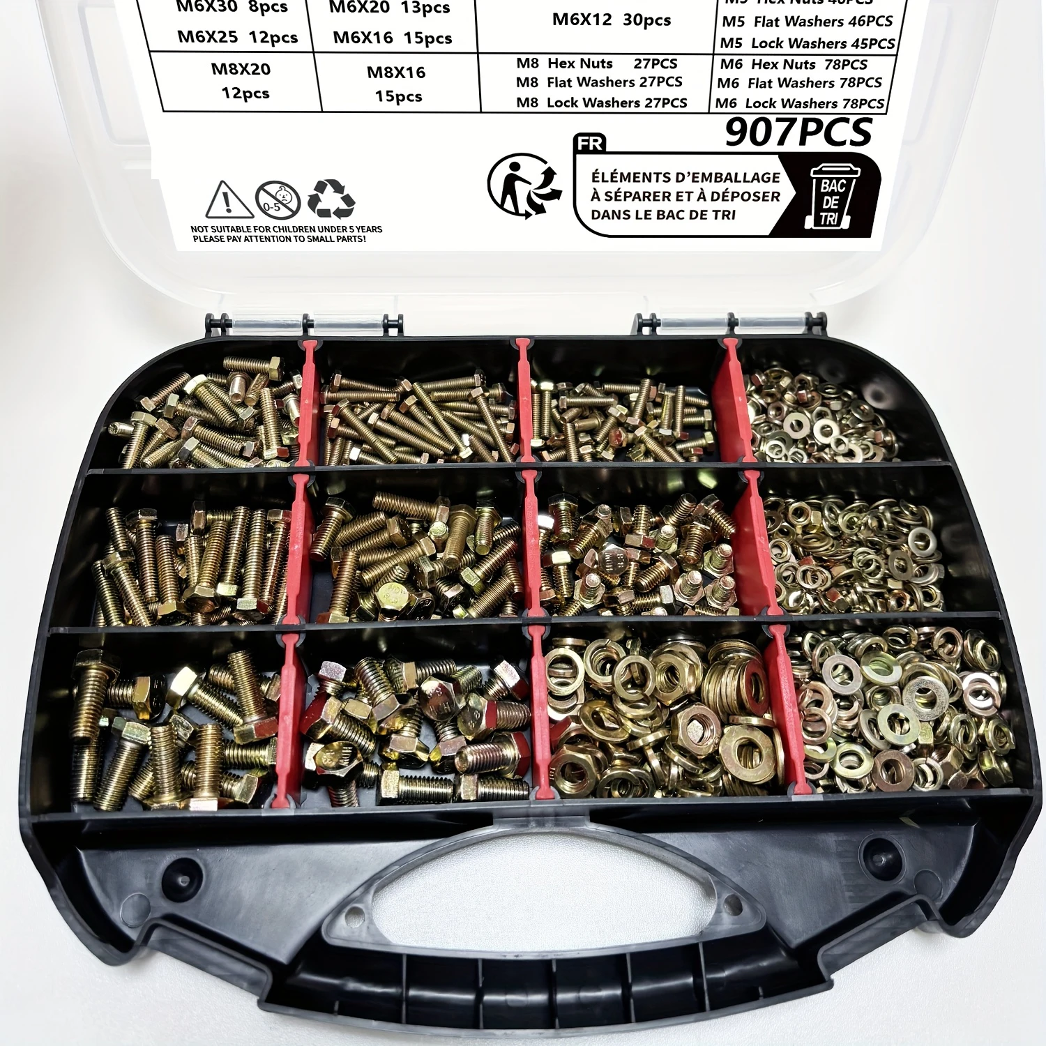 907 pieces of 8.8 grade metric bolt combination M4 M5 M6 M8 heavy-duty bolt and nut kit plated with yellow zinc