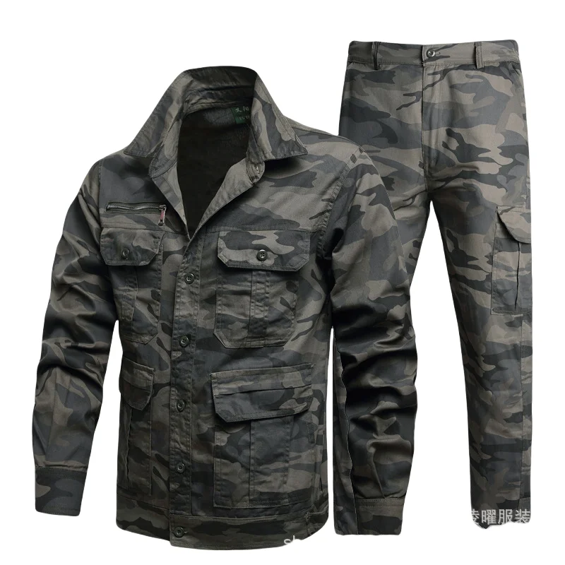 (jacket+pants) Men's Work Clothes Pure Cotton Labor Protection Wear Resistant Electric Welding Auto Repair Flame Retardant Set 2