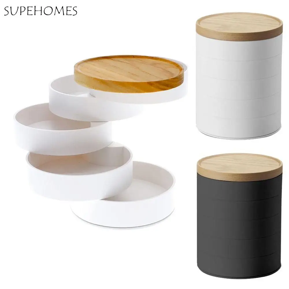 

Wooden Cover Rotatable Jewelry Box Japanese Style Dust-proof Five-layer Earring Organizer Round Wooden Lid Storage Tray Desktop