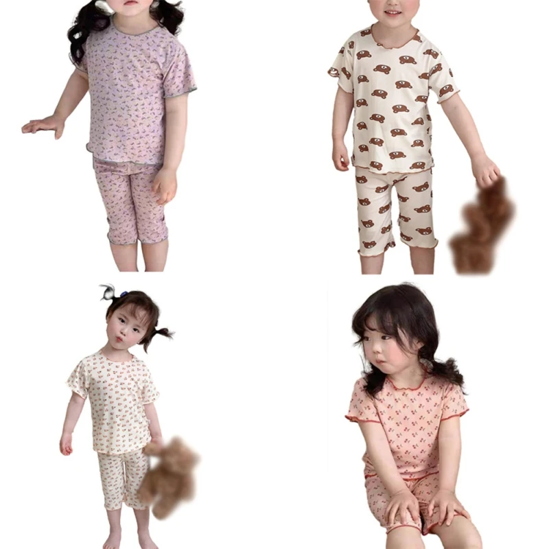 Summer Children Baby Home Wear Baby Pajamas Set Girls Small Broken Flower Short Sleeve + Seven Pants