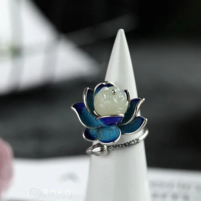 Silver Ring Natural Hetian jade Enamel Porcelain Lotus Canopy Open Ring Chinese Retro Design Jewelry