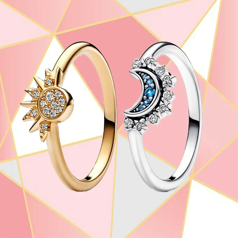 

S925 Silver New Jewelry 2023 Summer Collection Sparkling Blue Moon Sun Diamond Gold Ring Set Combination