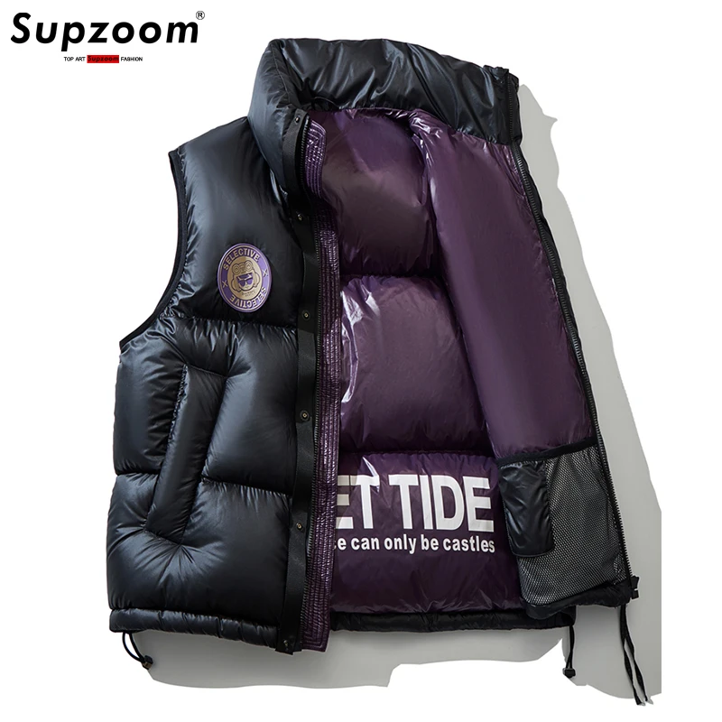 Supzoom 남녀공용 가죽 스탠드 칼라, 따뜻한 두꺼운 다운 조끼, 2023 탑 패션, 가을 및 겨울, 신상