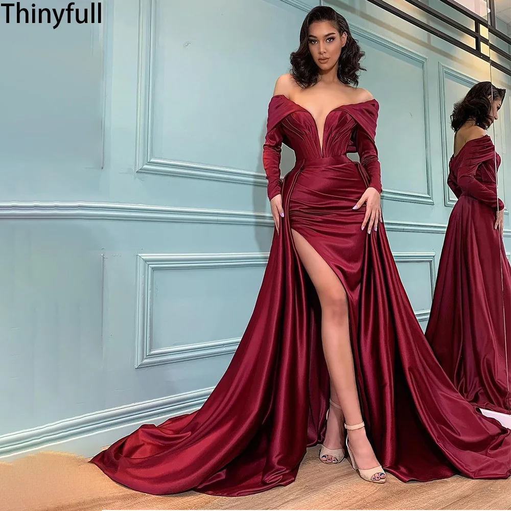 

Thinyfull Sexy Mermaid Evening Dresses Off Shoulder Split Long Sleeves Prom Party Gowns with Train Celebrity Events Dresses