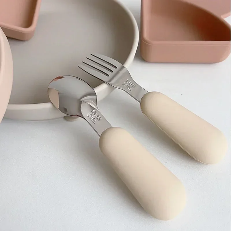 Baby Silicone Tableware Set Children Utensil Stainless Steel Toddler Dinnerware Cutlery Cartoon Infant Food Feeding Spoon Fork