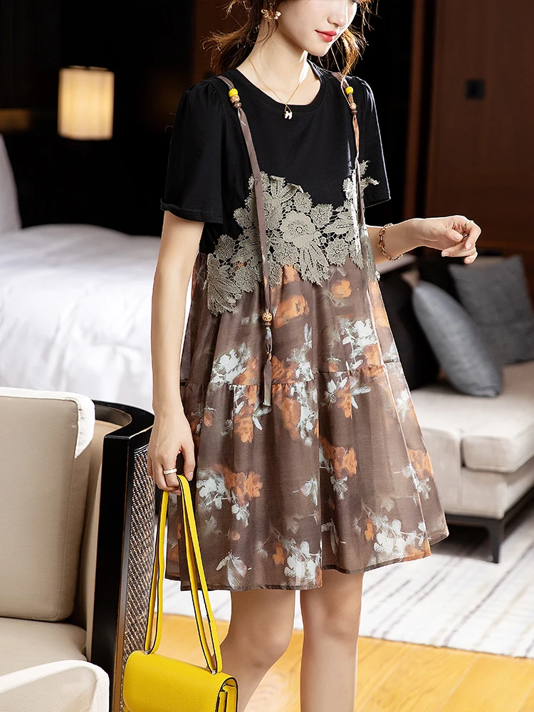 

2024 Summer Fashion Maternity Faux Two PiecesDress Hollow Out Lace Patchwork Floral Chiffon Dress Vintage Pregnant Woman Clothes