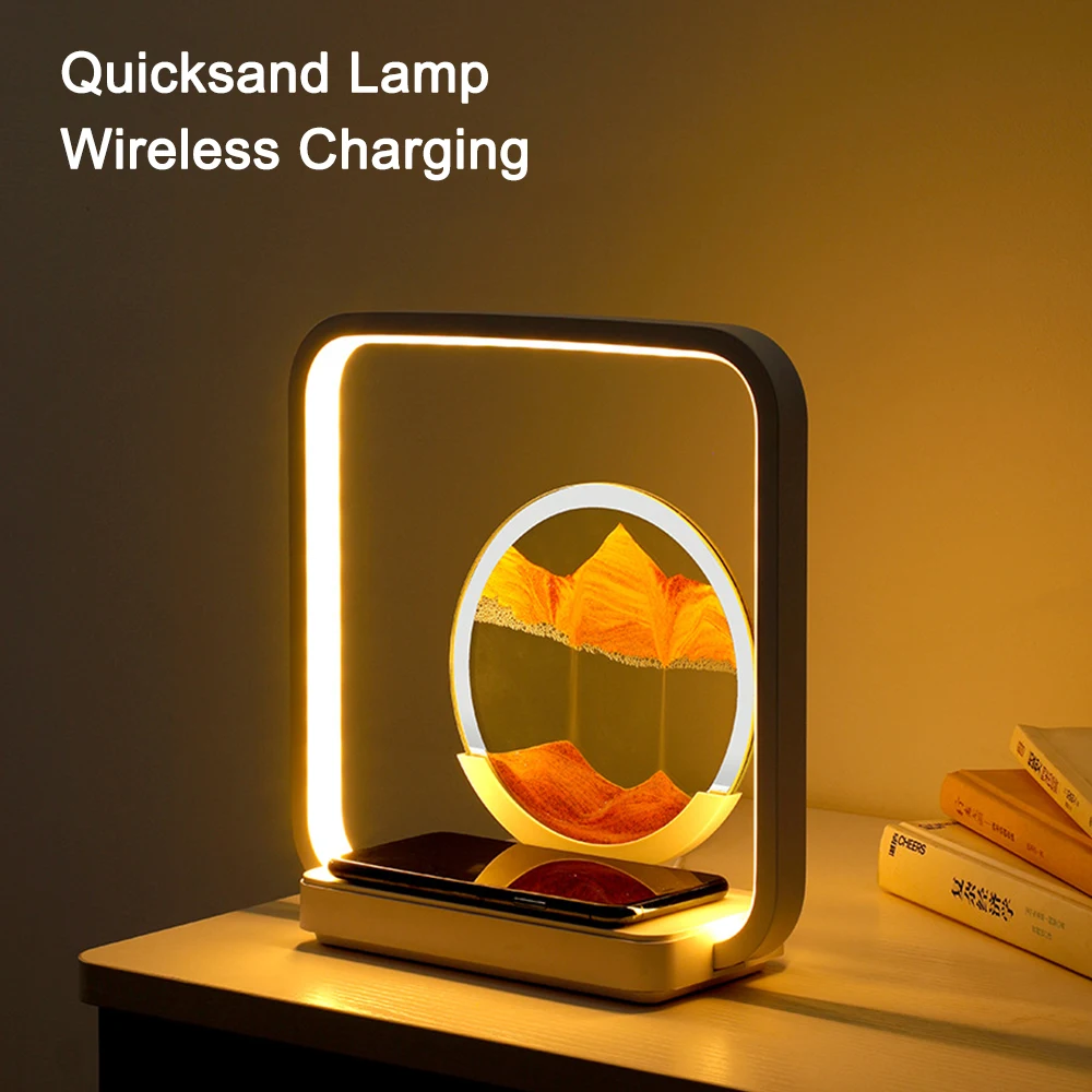 

LED Quicksand Table Lamp with Wireless Charging Moving Sand Art Picture Hourglass Night Light Flow Sand Painting Home Decor Gift