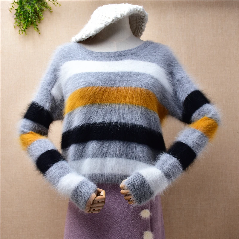 

Ladies Women Fall Winter Clothing Colored Striped Mink Cashmere Knitted O-Neck Long Sleeves Short Style Loose Pullover Sweater