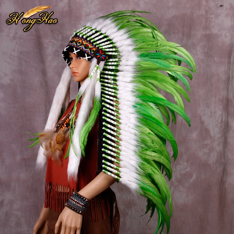 

Indian Feather Headdress Replica Made Green Feather Headpiece Costumes Handmade Feather Hat Costumes