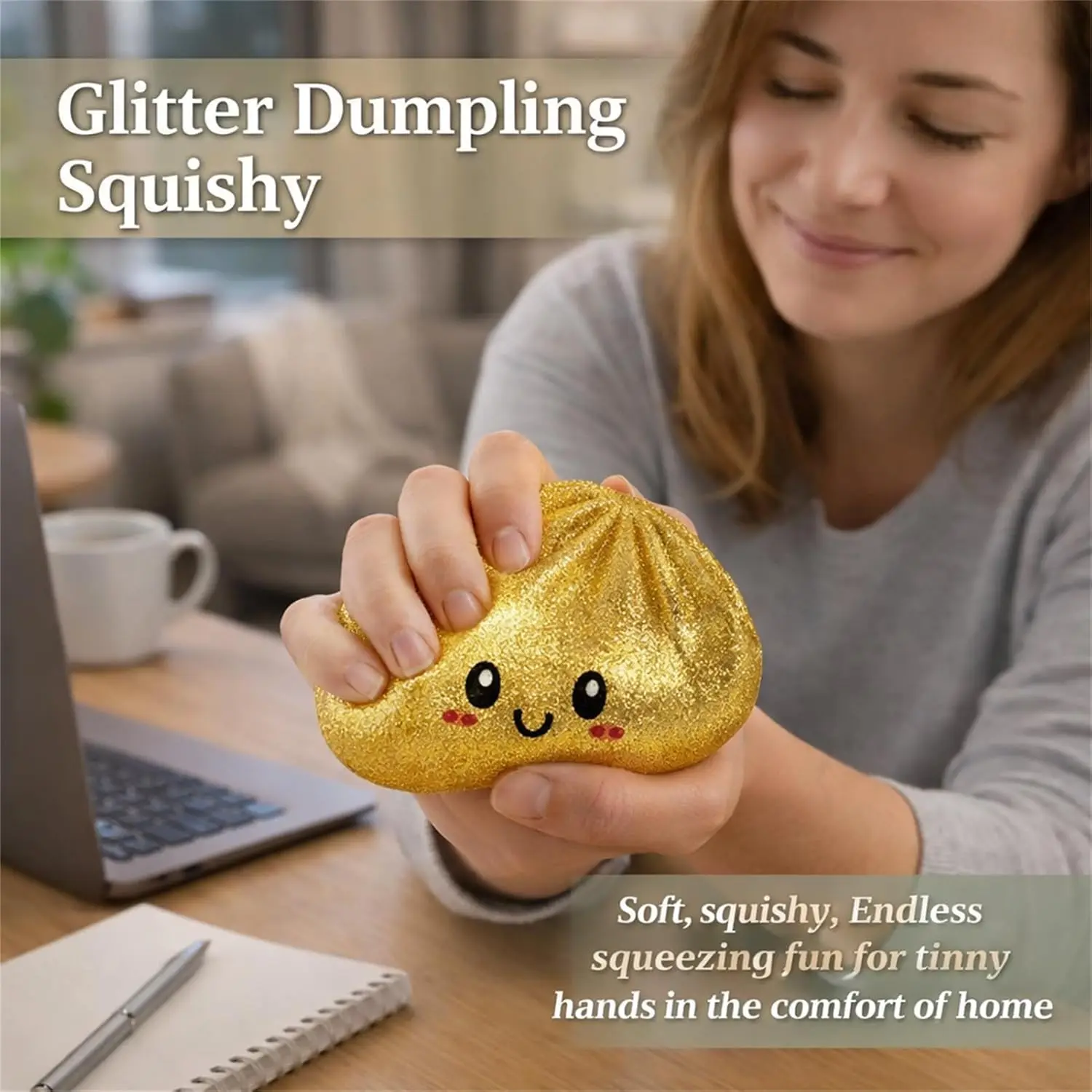 2027Glitter Dumpling Squishy com Caixa, Brinquedo Sensorial de Apertar em Formato de Dumpling para Alívio do Estresse