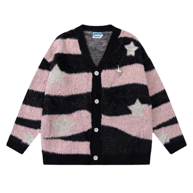 

Deeptown Y2k Harajuku Star Striped Knitted Cardigan Vintage Gyaru Oversized Sweater Women Preppy Button V-neck Knitwear Autumn