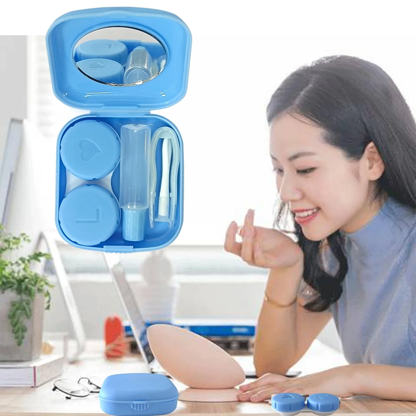 Portable Multicolor Contact Lens Case with Mirror and Cleaning Accessories