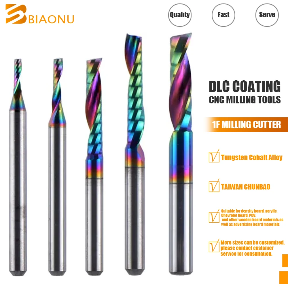 

Biaonu 1Pc DLC Coated One Flute Spiral End Mill Carbide Wood Milling Cutter 3.175/4/5/6mm Up Cut CNC Tools Carving Routed Bits