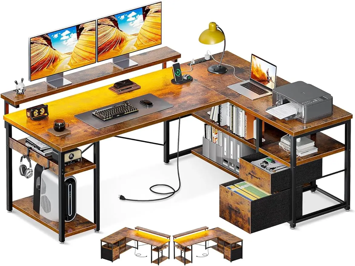 

ODK L Shaped Gaming Desk with File Drawers, Reversible Computer Desk with Power Outlets & LED Lights, Home Office Desk