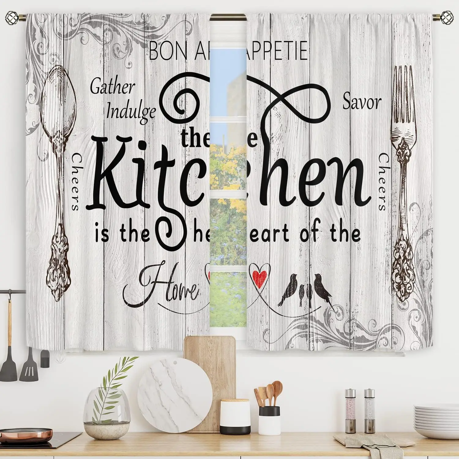 

Nordic Style Kitchen Wood Grain Tableware Printed Curtains, Polyester Fiber, Suitable For Bedroom, Study, Living Room Decoration