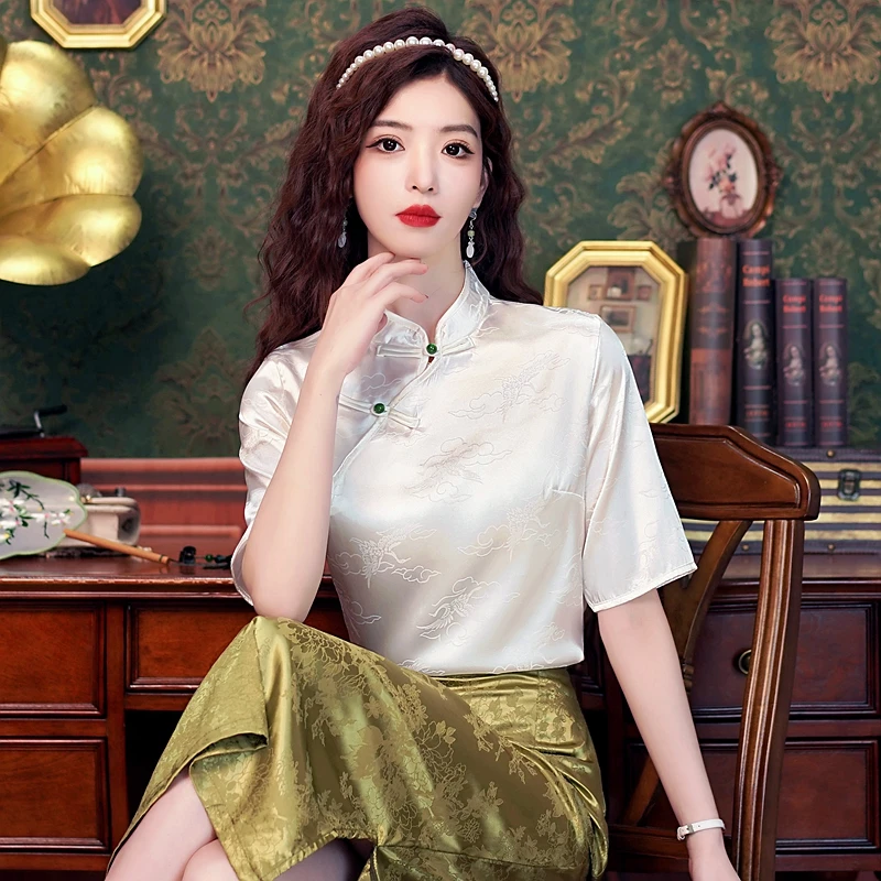 여성용 자카드 블라우스 셔츠 상의, 중국 스타일, 반팔, 흰색 블라우스, 2024 베라노, H555, 새로운 패션