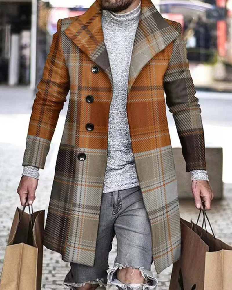 

2023 New Plaid Mens Coat Coat Windbreaker Woolen Coat for Men