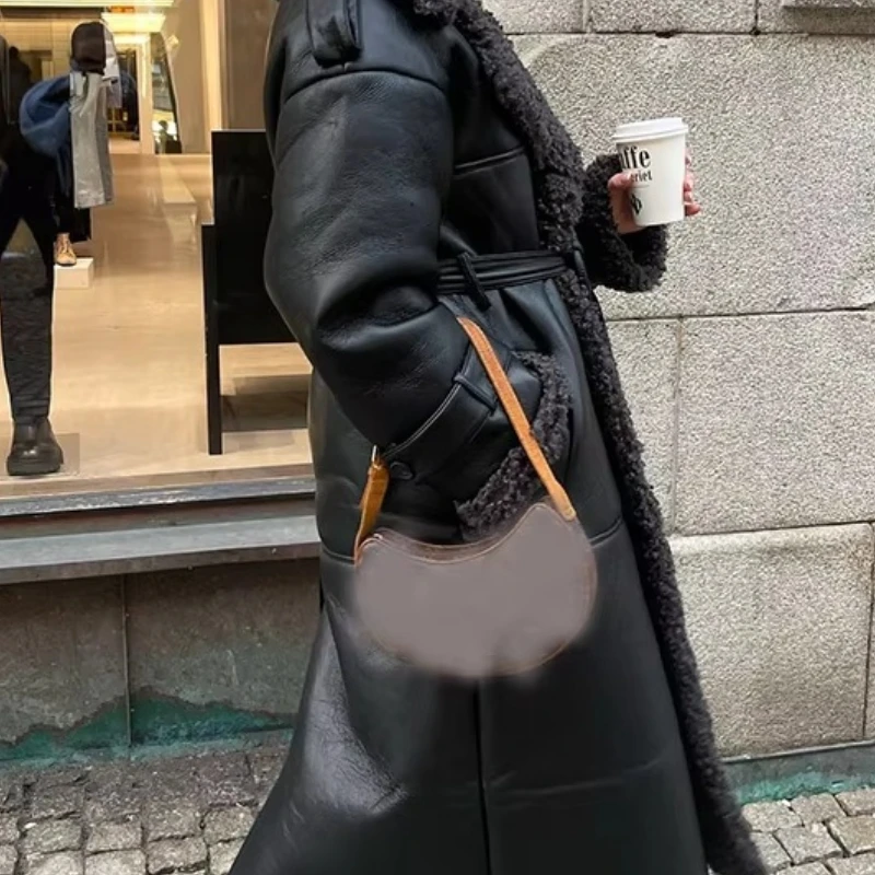 Faux Fur Leather Long Jacket Women Lapel 3
