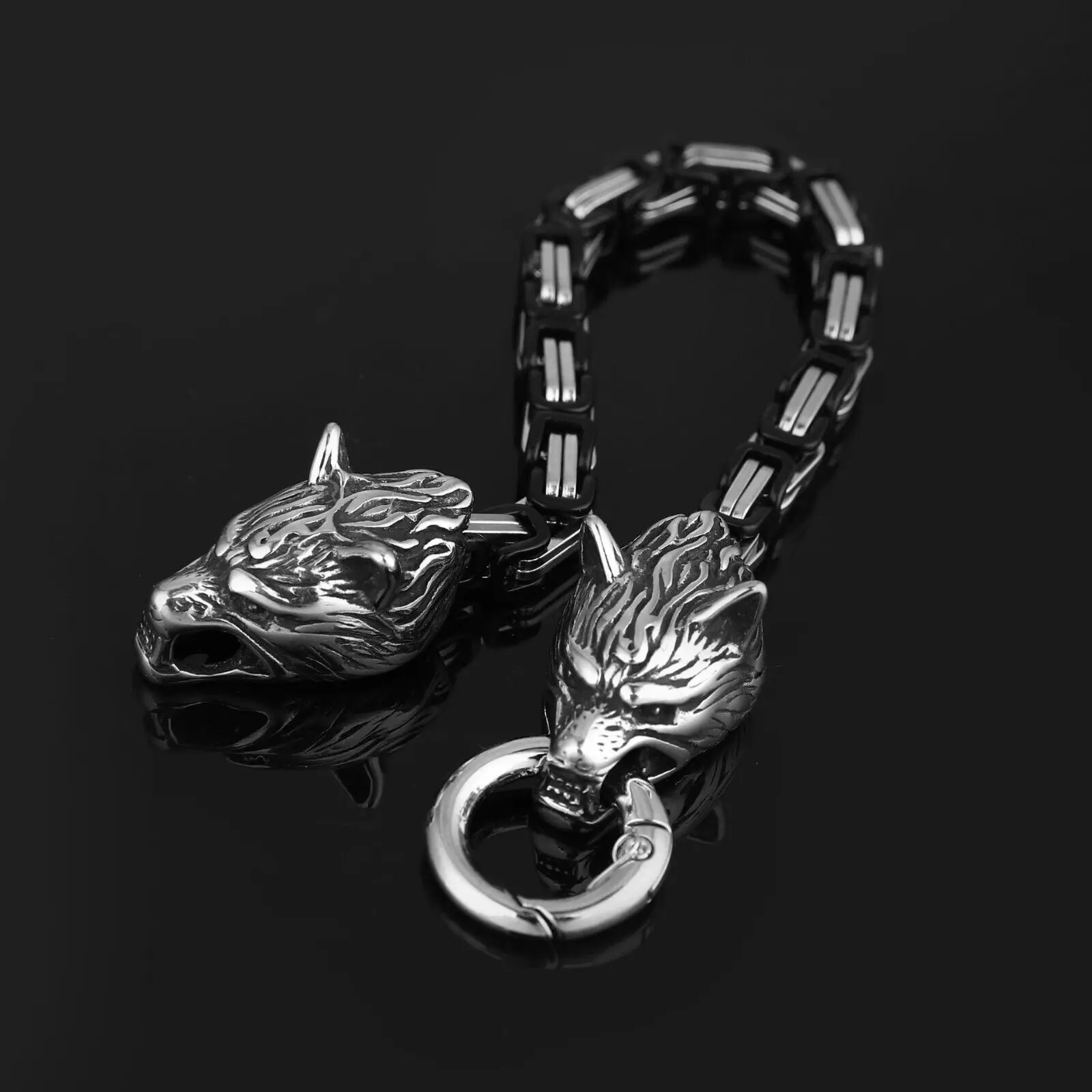Stainless Steel Vintage Viking Fenrir Wolf Head Byzantine Bracelet Chain