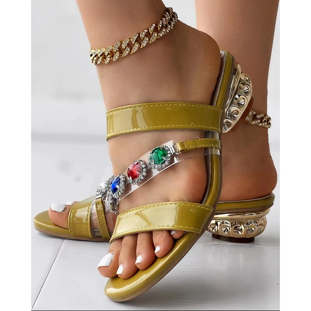 2024 Women Casual Gem Stone Decor Chunky Slippers Outdoor Beach Summer Peep Toe Sandals Lady Fashion Going Out Summer Shoes
