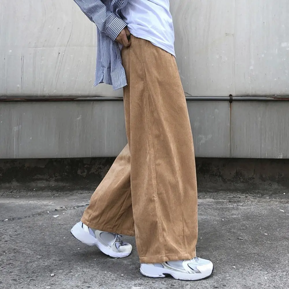 

Men Corduroy Pants Japanese Style Retro Loose Straight Wide Leg Men's Pants with Elastic Waist Deep Crotch Pockets for Men