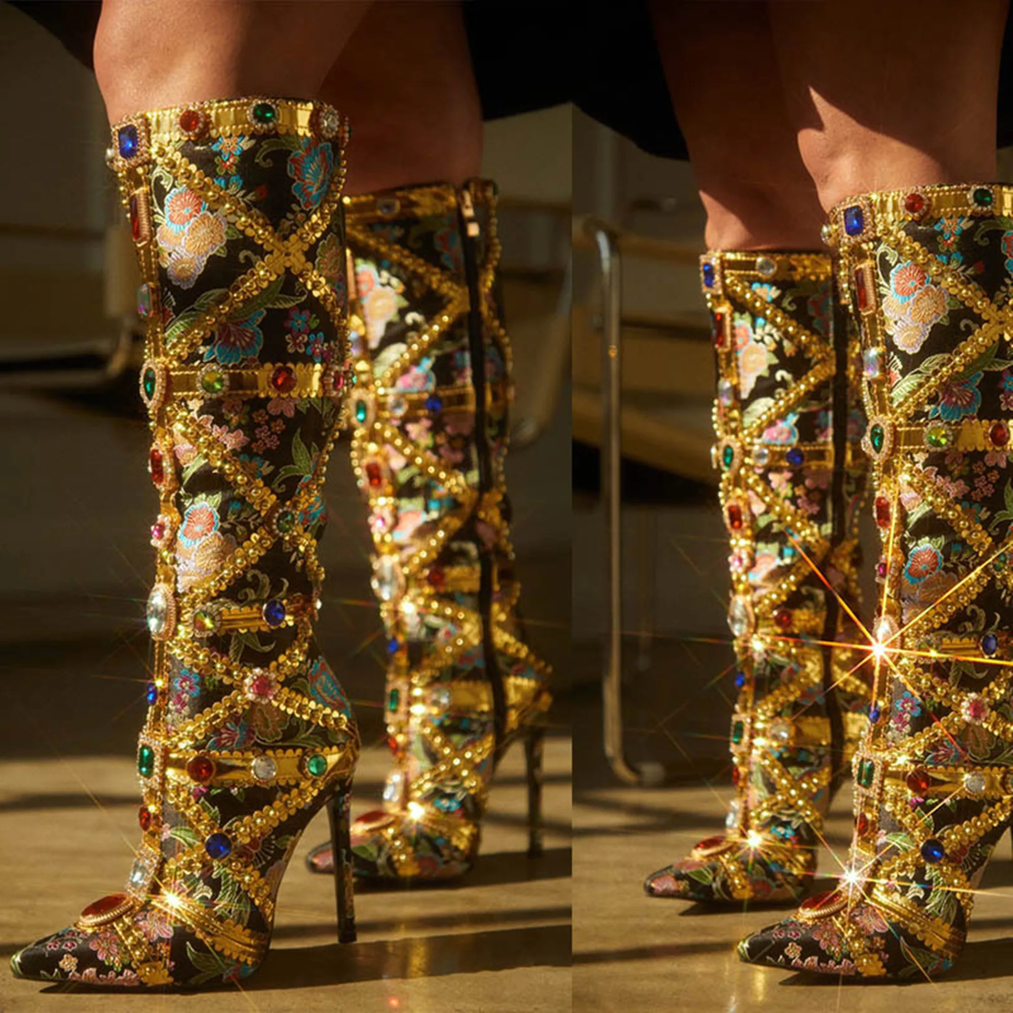 

Boots Women Fashion Foreign Trade Fine Heel Heavy Handmade Women's Boots 2023 Rhinestone National Style Pointed Boots