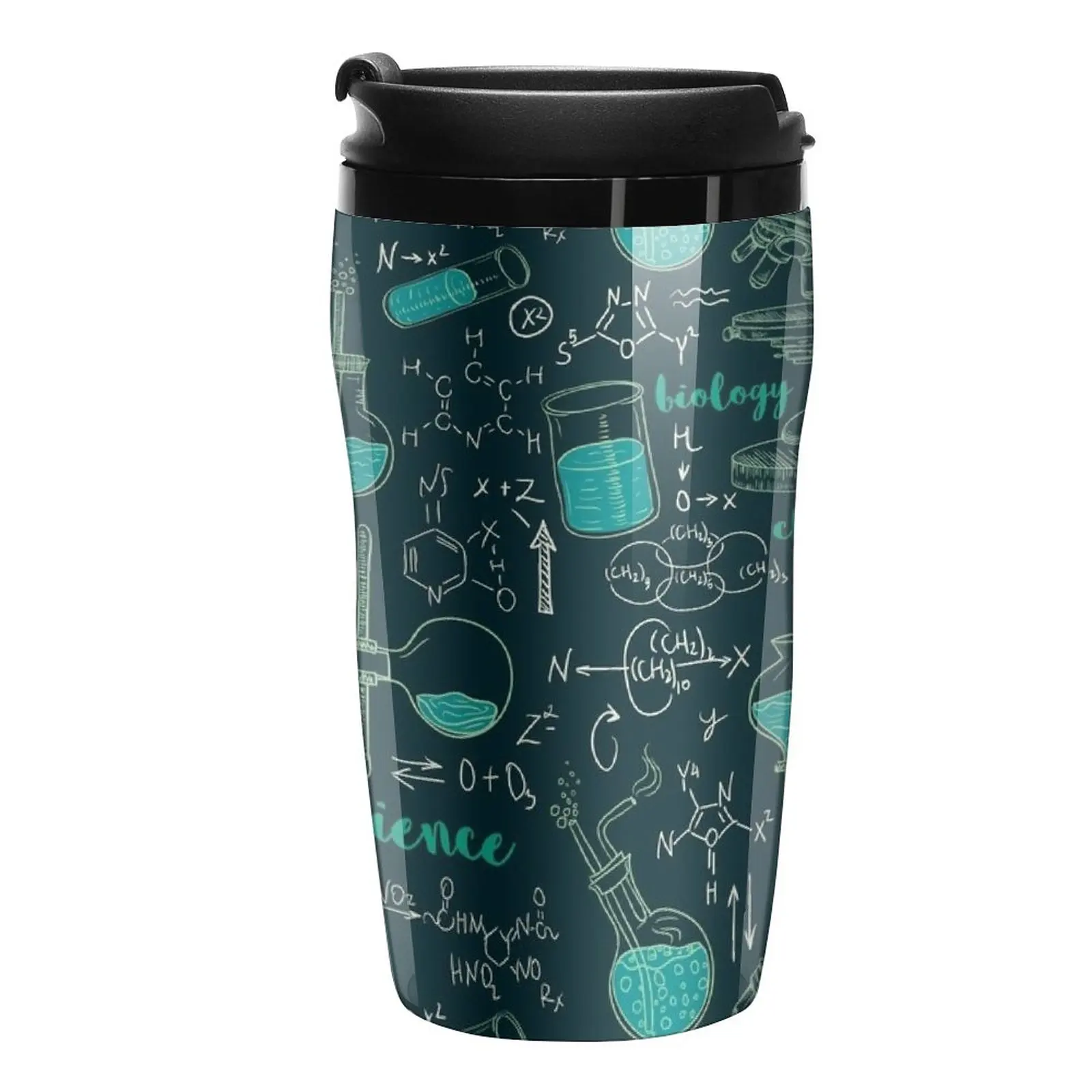 

Vintage seamless pattern old chemistry laboratory with microscope, tubes and formulas. Travel Coffee Mug Cofee Cup Espresso Cup
