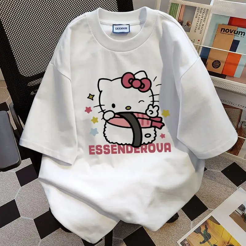 

Hello Kitty Kawaii Sanrio Anime Creative Short Sleeve Cute Cartoon Summer Printed Short Sleeved Loose Mid Length Top Girl Gift