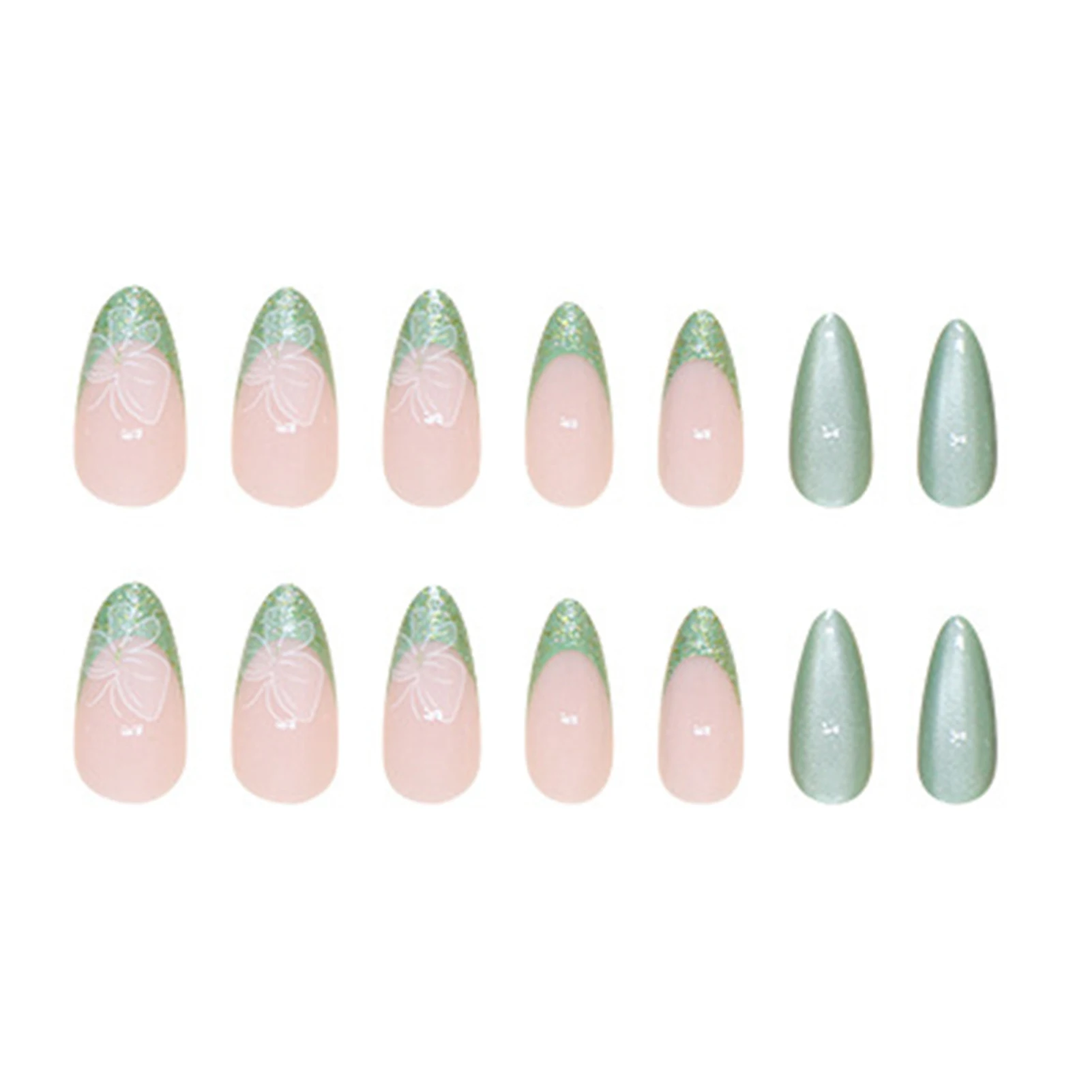 

Green Almond Fake Nails with Glitter Charming Comfortable to Wear Manicure Nails for Daily and Parties Wearing