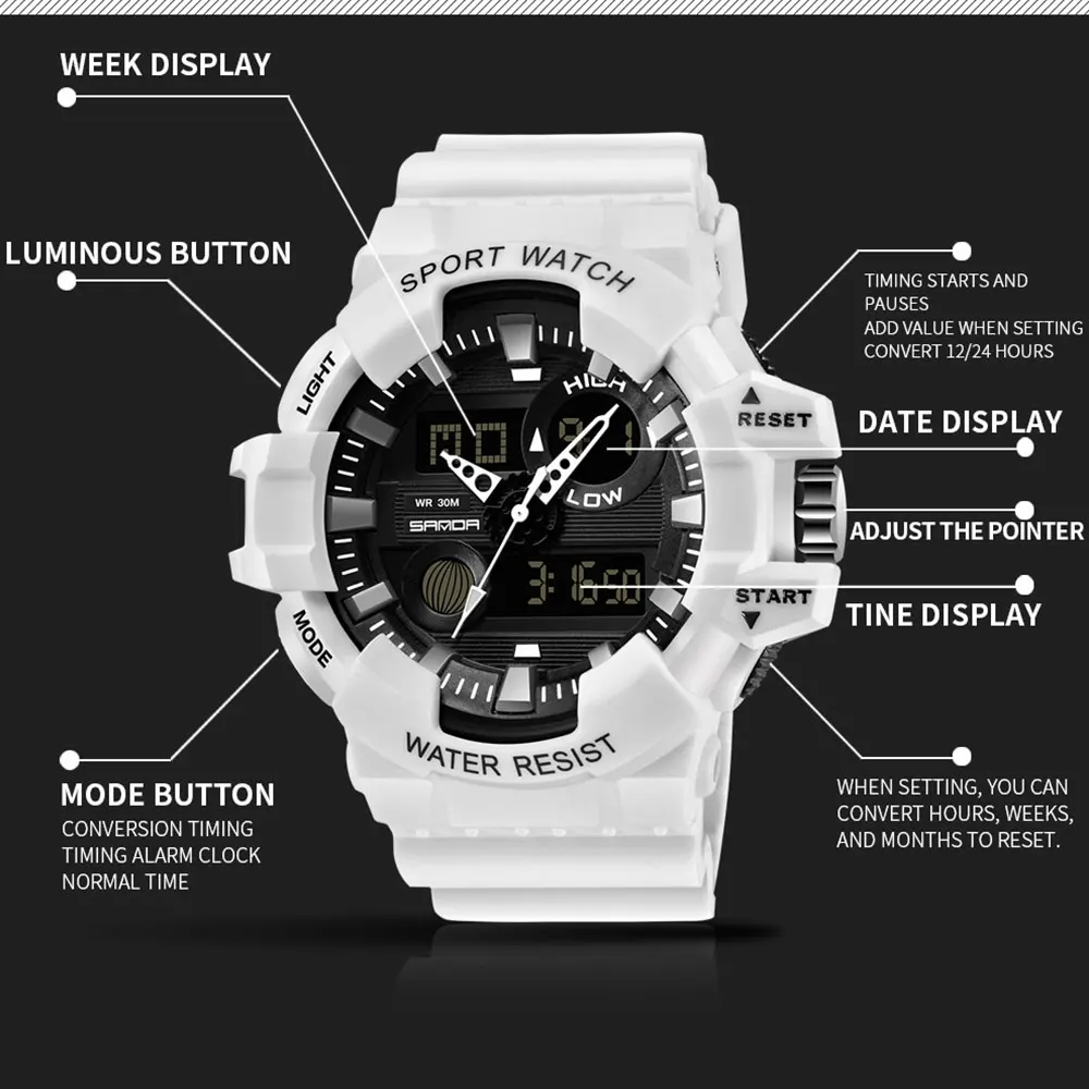 SANDA Top Brand G Style White Sports Men's Watch Luxury Military Quartz Watch Men LED Digital Waterproof Timer Stopwatch New Hot 4